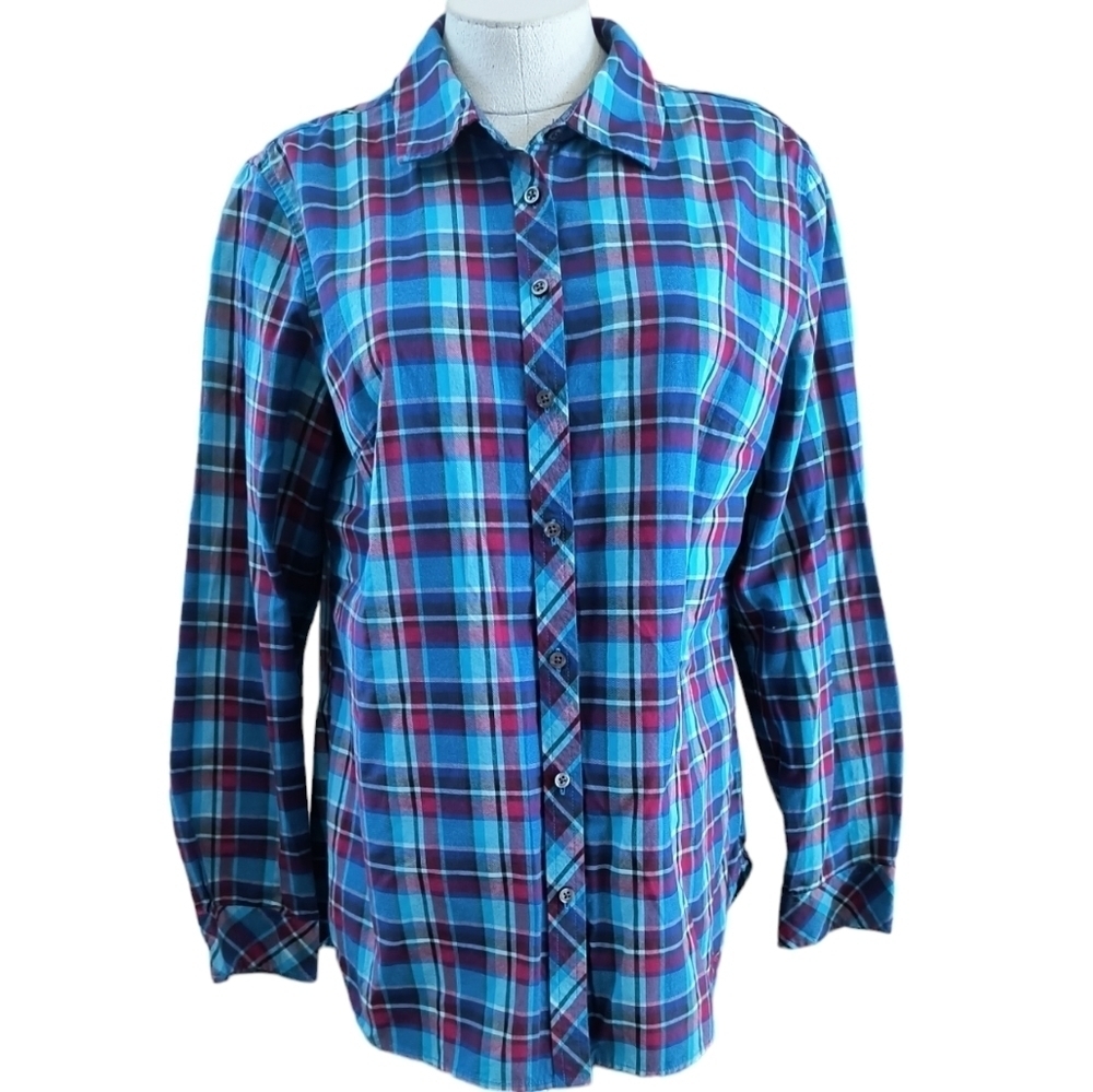 Talbots Jewel Tone Plaid Button Up Blouse Size L